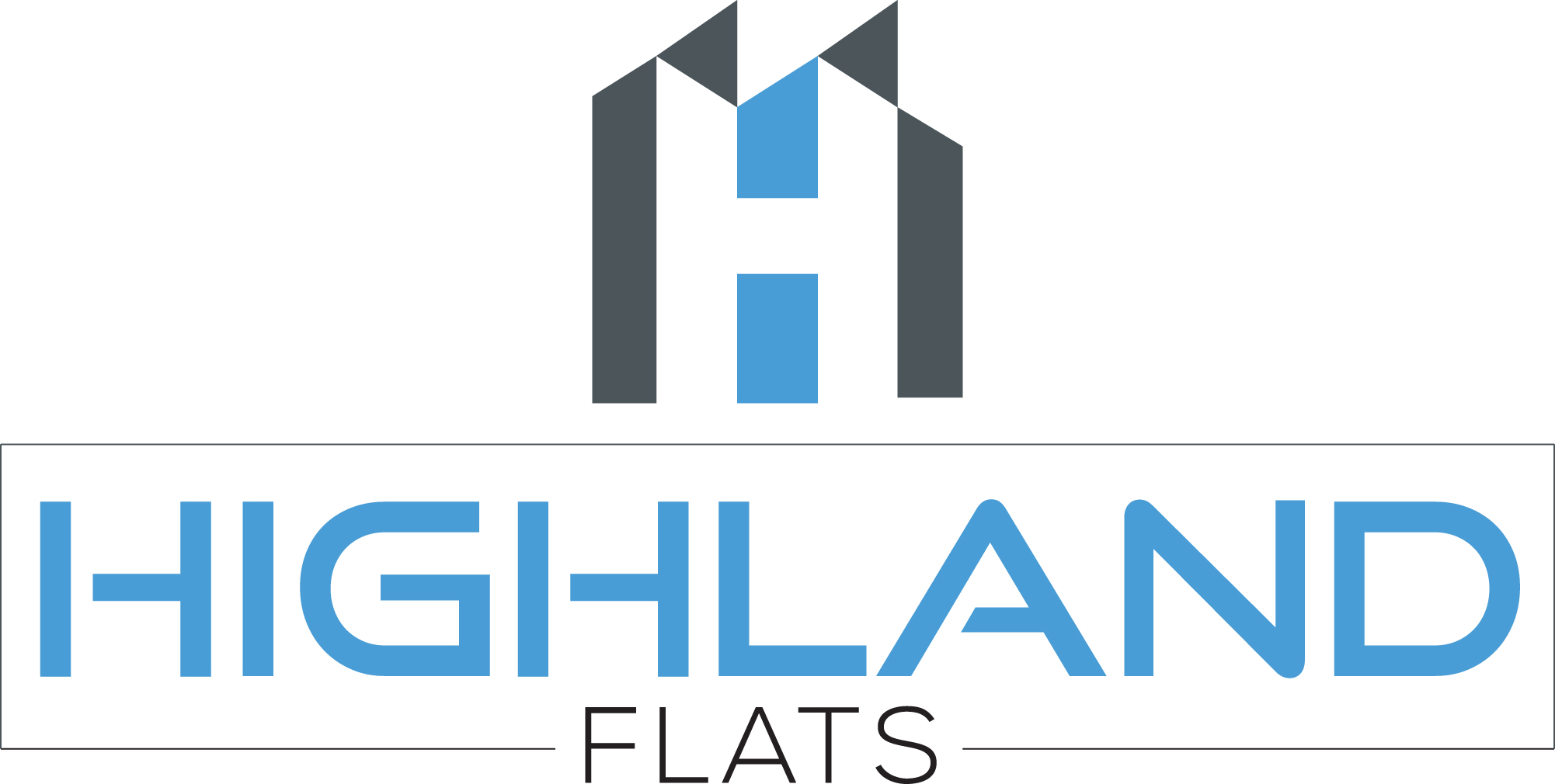 A logo with a house shape and the words "Highland Flats" below it.